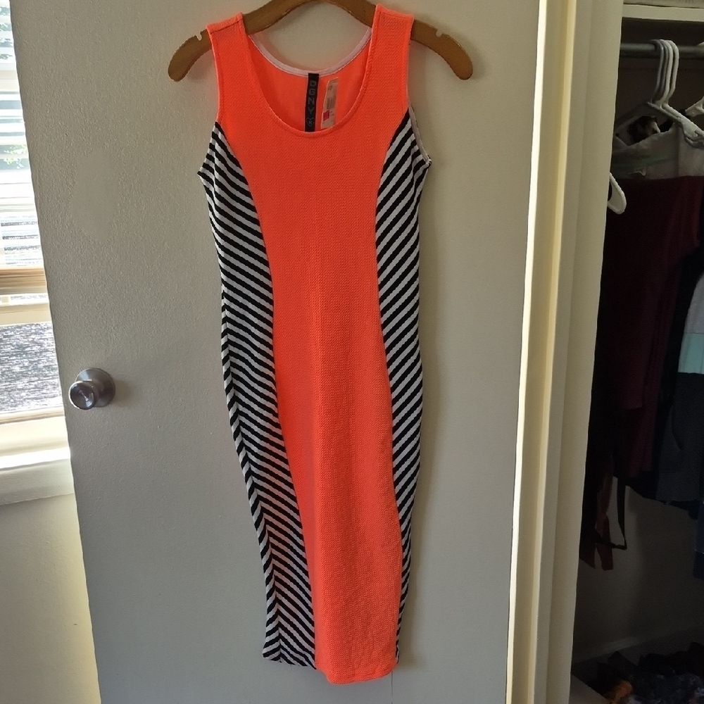Vibrant Orange and Black Striped Midi Dress